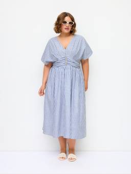 Cider - Cotton Blend Women V-Neck Striped Ruched Maxi Dress Blue