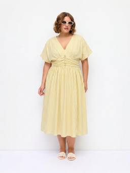 Cider - Cotton Blend Women Ruched V-Neck Striped Maxi Dress Yellow