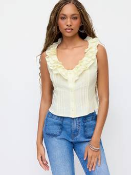 Cider - Cotton Blend Women Ruffled V-Neck Crop Top Cream