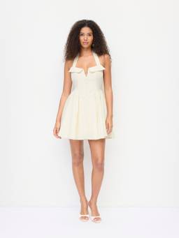 Cider - Linen Blend Women's Halter Neck Bow A-Line Mini Dress Cream