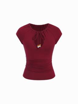 Cider - Metallic Decor Women Raglan Sleeve Scoop Neck Top Wine