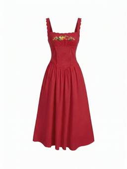 Cider - Linen Blend Women's Fruit Embroidery Square Neck Maxi Dress Red