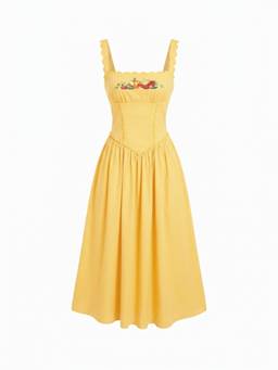 Cider - Linen Blend Women’s Fruit Embroidered Square Neck Maxi Dress Yellow