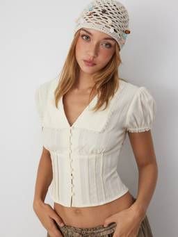 Cider - Textured Lace Trim Women's Puff Sleeve Blouse Cream