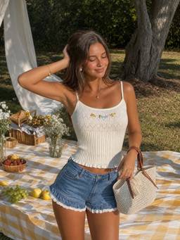Cider - Pointelle Knit Women's Floral Embroidered Square Neck Crop Top Ecru