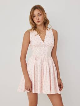Cider - Floral Lace Women's V-Neck Sleeveless A-Line Mini Dress Pink