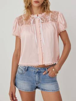 Cider - Satin Lace Tie-Front Women's Oversized Blouse Pink