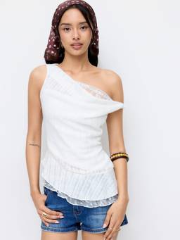 Cider - Textured Women Asymmetrical Ruffled Lace Trim Tank Top White