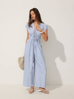 Cider - Cotton Blend Women’s V-Neck Striped Wide-Leg Jumpsuit Blue