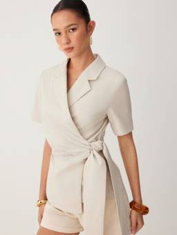Cider - Linen-Blend Women's Ruched Wrap Belted Blazer Beige