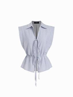 Cider - Linen Blend Women's Collar Drawstring Sleeveless Blouse Blue