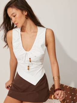 Cider - Cotton Blend Women Beaded Drawstring U-Neck Tank Top White