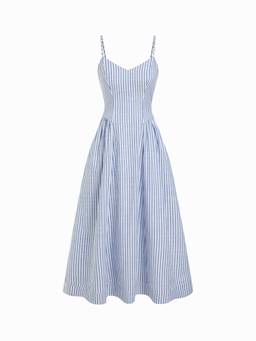 Cider - Cotton Women's Striped V-Neck A-Line Midi Dress Blue