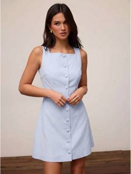 Cider - Linen Blend Women's Braided Button Back Belt Mini Dress Baby Blue