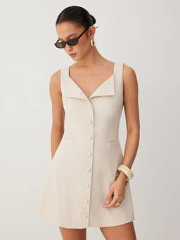 Cider - Linen Blend Women's Braided Button Back Belt Mini Dress Beige