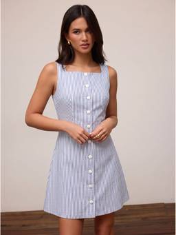 Cider - Linen Blend Women's Striped Square Neck Mini Dress Blue