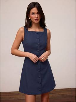 Cider - Linen Blend Women's Braided Button Square Neck Mini Dress Navy Blue