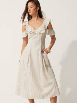 Cider - Striped Women's V-Neck Ruffle Sleeve Flared Midi Dress Beige