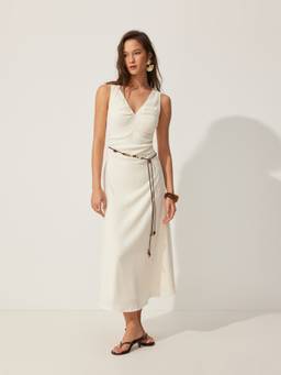 Cider - Textured Women's Sleeveless V-Neck A-Line Maxi Dress Beige