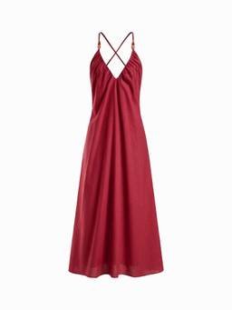Cider - Linen-Blend Women's V-Neck Ruched Flared Maxi Dress Wine