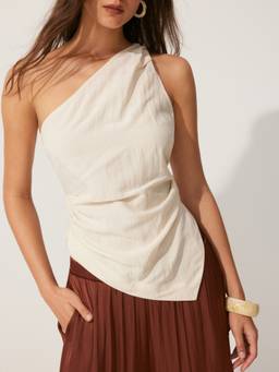 Cider - Linen Blend Women Ruched One-Shoulder Top Beige