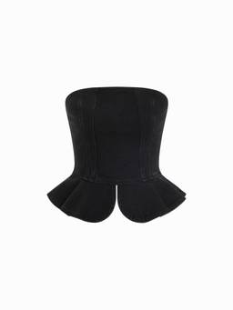 Cider - Stretch Denim Women Strapless Peplum Hem Crop Top Black