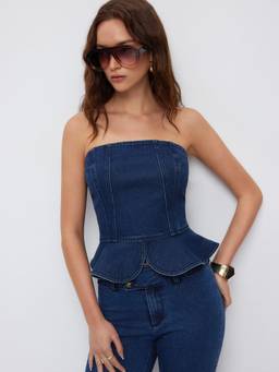 Cider - Stretch Denim Women Strapless Peplum Crop Top Navy Blue