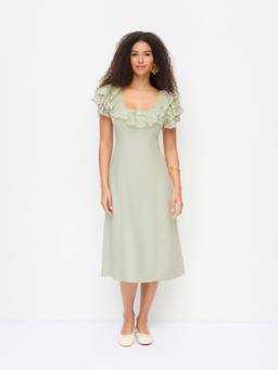 Cider - Linen Blend Women's Lace Puff Sleeve A-Line Midi Dress Pale Green