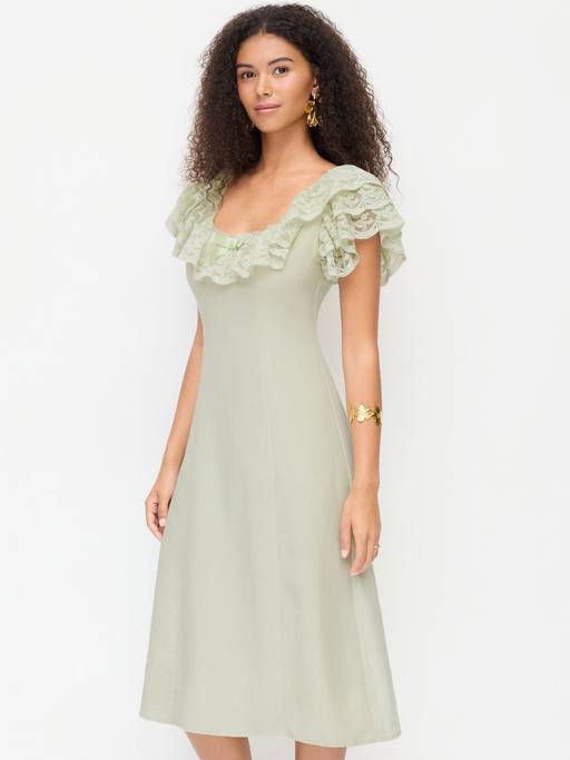 cider green lace dress Buy Linen Blend Women's Puff Sleeve A-Line Midi Pale (XXS) Online Bell sleeve