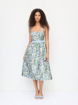 Cider - Jacquard Women's Floral Square Neck Lace-Up Flared Midi Dress Blue
