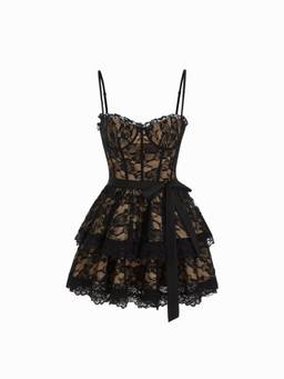 Cider - Lace Textured Women's Sweetheart Neck Tiered Mini Dress Black