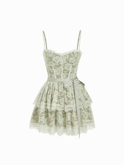 Cider - Lace Textured Women's Sweetheart Neck Tiered Mini Dress Green