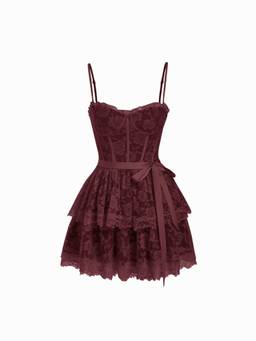 Cider - Lace Textured Women's Sweetheart Neck Tiered Mini Dress Wine
