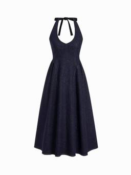 Cider - Stretch Denim Women's Halter Neck Washed A-Line Maxi Dress Dark Denim