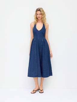 Cider - Stretch Denim Women's Halter Neck Washed A-Line Maxi Dress Navy Blue