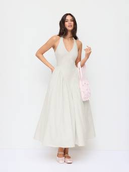 Cider - Sculptural Women's Halter V-Neck Draped Flared Maxi Dress Cream