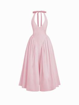 Cider - Sculptural Women's Halter V-Neck Draped Flared Maxi Dress Pink