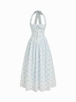 Cider - Cotton Blend Women's Floral Halter Neck Shirred Midi Dress Blue
