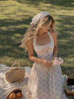 Cider - Cotton Blend Women Floral Halter Neck Shirred Midi Dress Pink