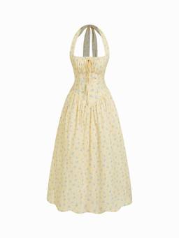 Cider - Cotton Blend Women Floral Halter Neck Midi Dress Yellow