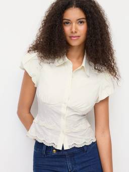 Cider - Broderie Anglaise Women's Puff Sleeve Lace Trim Blouse Beige