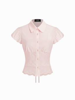 Cider - Broderie Anglaise Women's Puff Sleeve Lace Trim Blouse Pink