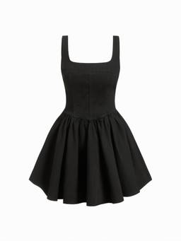 Cider - Washed Women's Ruffled Square Neck A-Line Mini Dress Black