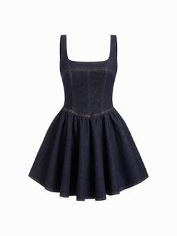Cider - Washed Women's Ruffled Square Neck A-Line Mini Dress Dark Denim