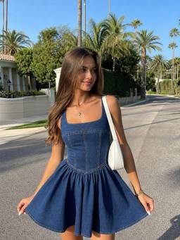 Cider - Washed Women's Ruffled Square Neck A-Line Mini Dress Blue