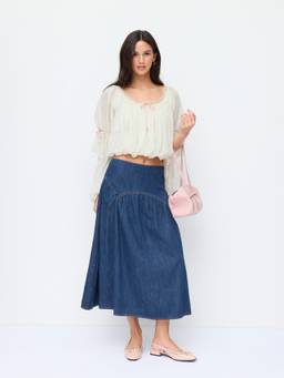 Cider - Washed Denim Women Ruched A-Line Maxi Skirt Blue