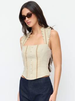 Cider - Textured Women's Ruffled Halter Neck Blouse Ecru
