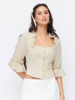 Cider - Linen Blend Women's Square Neck Ruched Ruffle Blouse Off White
