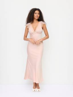 Cider - Satin Women's V-Neck Ruffle Rosette Maxi Dress Pink