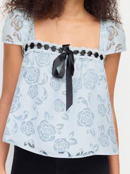 Cider - Textured Floral Women's Square Neck Puff Sleeve Blouse Blue